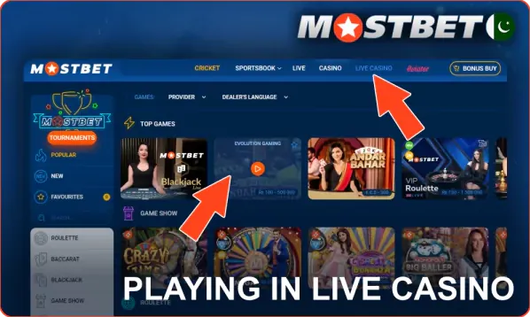 Mostbet live casino interface — blackjack, roulette, game shows